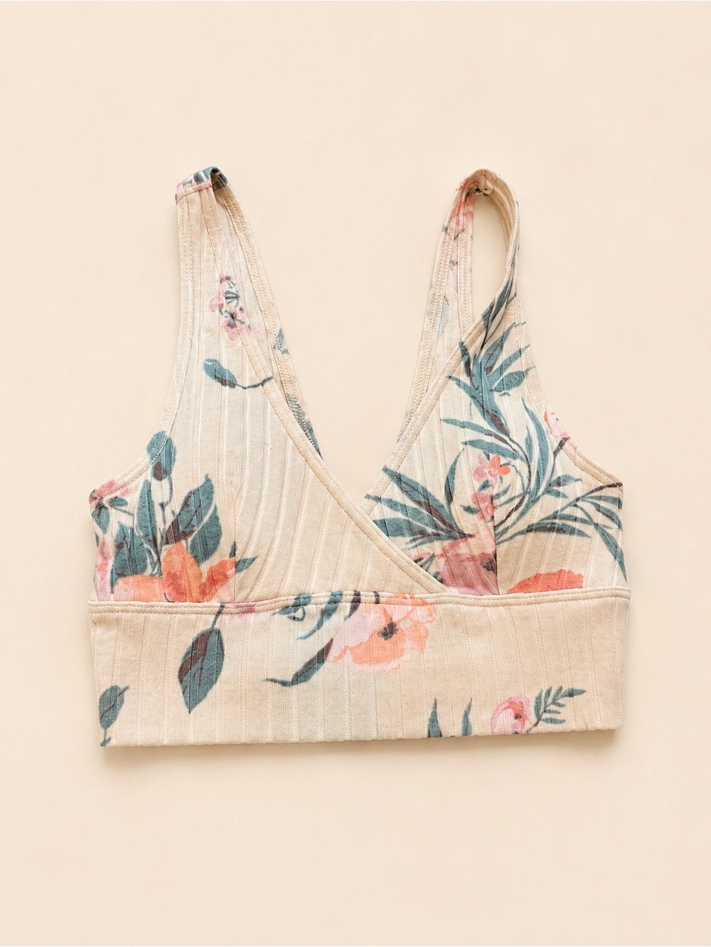 Gilly Hicks Cream Floral Ribbed V-Neck Bralette with Pink & Green Accents